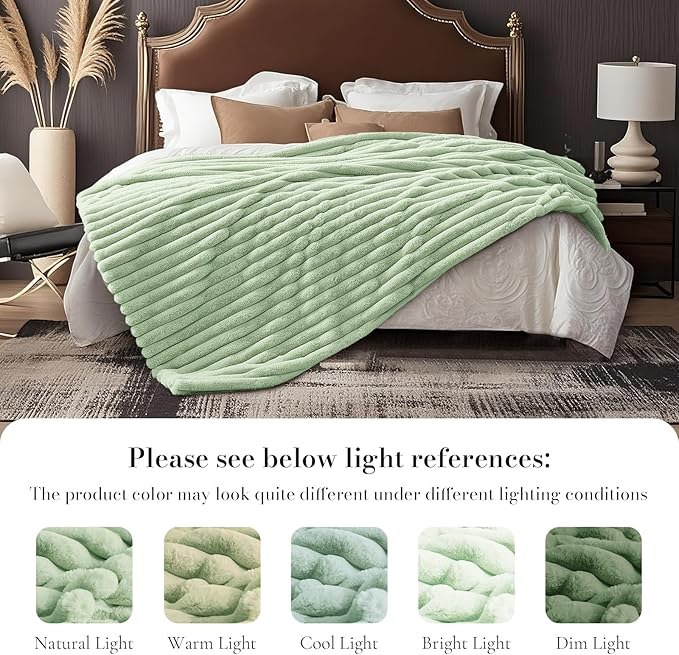 Amélie Home Faux Fur Throw Blanket for Couch, Cozy Fuzzy Fluffy Fur Luxurious Soft Striped Plush Gift Blankets for Family Sofa Chair Bed Living Room Bedroom, 55"x70", Sage Green-Ruum Studio Home