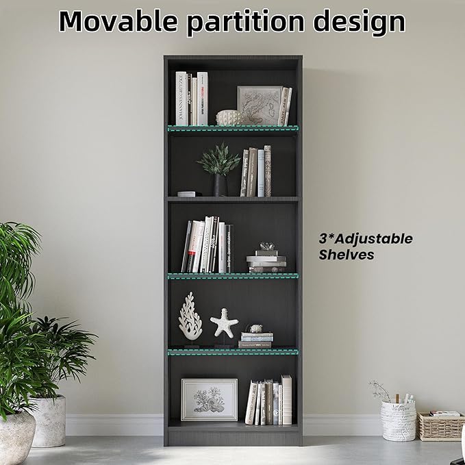 Bookshelf, Open Modern Bookshelf, 5 Shelf Bookcase with Freestanding Display Storage, Wooden Book Shelf for Bedroom, Living Room, Dinning Room, Office, Dray-Ruum Studio Home