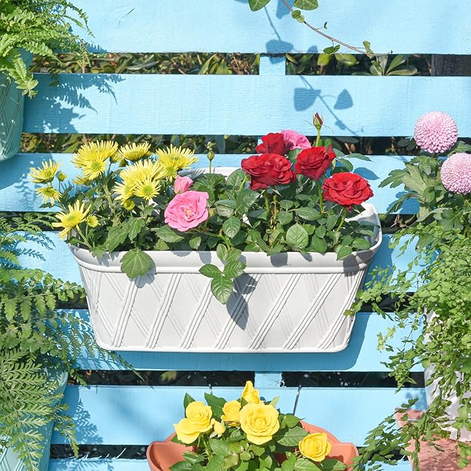 Sungmor 3 Pack Wall Hanging Planters, 16.5 Inch Railing Fence Hanging Flower Pots, Thickened Plastic Water Storage Plant Pot, Indoor Outdoor Garden Balcony Decor, Light Grey Large Plant Basket-Ruum Studio Home
