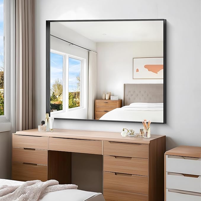 Black Bathroom Mirror, 40x48 Inch Rectangular Framed Mirror, Large Wall Mounted Bathroom Vanity Mirror Over Sink for Bedroom,Restroom, Living Room, Hangs Vertically or Horizontally-Ruum Studio Home