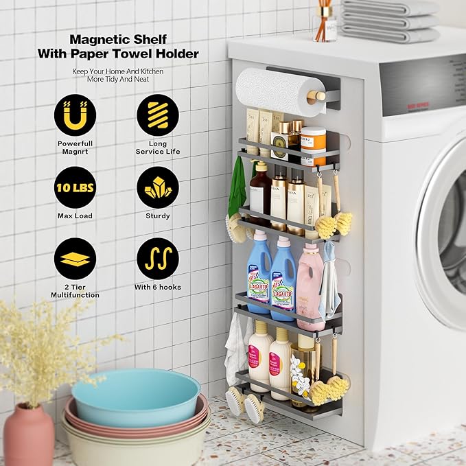 Magnetic Spice Rack Moveable Magnetic Shelf Organizer with Paper Towel Holder Kitchen Refrigerator Seasoning Storage Rack Fridge Magnet Organizer,Grey,3 Packs-Ruum Studio Home