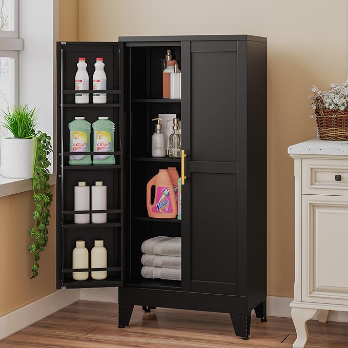 51" Metal Kitchen Pantry Cabinet, Storage Cabinets with 2 Door and 3 Adjustable Shelves, Black Freestanding Food Storage Cabinet, Steel Cupboard for Kitchen Dinning Room-Ruum Studio Home