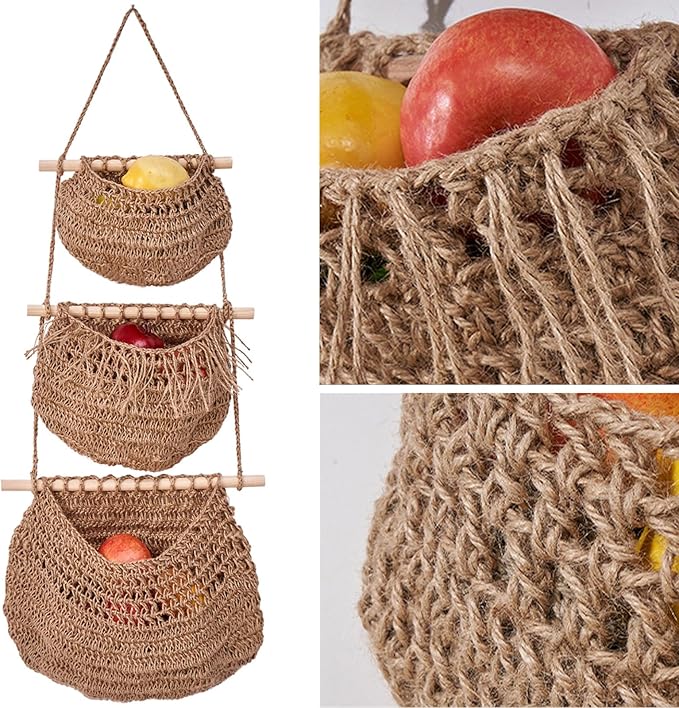 Hanging Fruit Baskets for Kitchen 3-Tier Handmade Bohemian Wall Baskets for Organizing & Decorating Living Room Bedroom Wall Hanging Basket for Onion Storage & Fruit Storage-Ruum Studio Home
