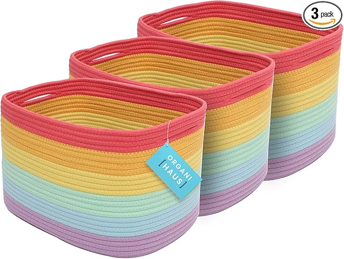 OrganiHaus Set of 3 Rainbow Woven Storage Baskets for Organizing, Cotton Rope Organizer Bins for Shelves, Closet & Nursery, Dog Toy Basket, Decorative Bins for Toys, Towels & Books - 15x10x9-Ruum Studio Home