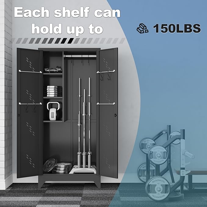 Metal Garage Storage Cabinet, 75” Cleaning Tool Cabinet with Hooks and Hanging Rods, Heavy Duty Garden Tool Organizer, Broom Cabinets for Home, Garage, Laundry Room, Gym, Workshop-Ruum Studio Home