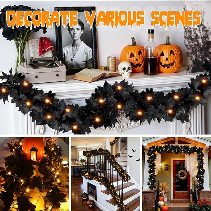 Joyhalo 2 Pack Halloween Garland with Lights, Black Maple Leaves Lighted Garland for Mantle, 5.7FT Light Up Leaf Autumn Vines Outdoor for Door Frame, Fireplace and Thanksgiving Fall Decor-Ruum Studio Home