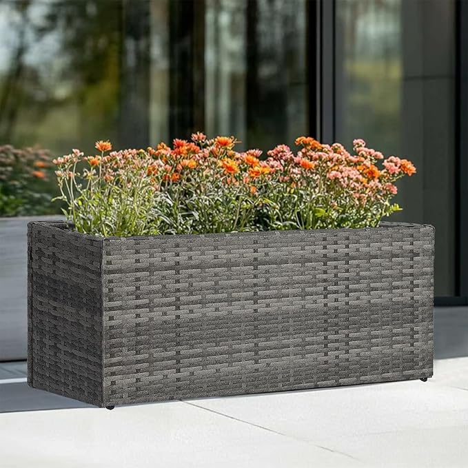 LEWIS&WAYNE Large Rectangular Block Planter Box Handmade Wicker Tall Planters for Outdoor Plants with Removable Liners Modern Planter for Indoor Outdoor Patio Deck - Gray, 30''x12''x16''-Ruum Studio Home