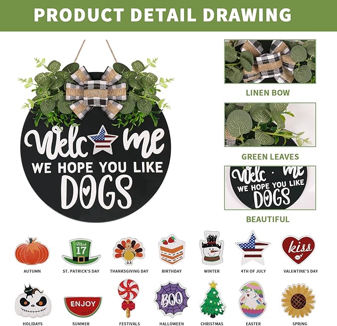 Interchangeable Wooden Seasonal Welcome Sign, Rustic Round Dogs Sign Front Door Wreaths for Home/Wall/Porch Decor, for Easter Spring Summer Fall Halloween Christmas All Season Decorations-Ruum Studio Home