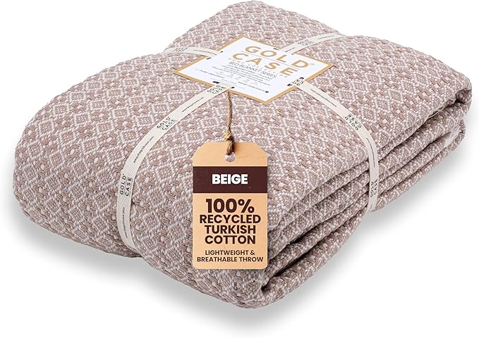 Gold Case Throw Blanket for Bed – 100% Recycled Turkish Cotton Bed Blanket – Decorative Throw Cotton Blankets for Living Room & Bedroom – Woven Twin Blankets - 71x90 - Beige-Ruum Studio Home