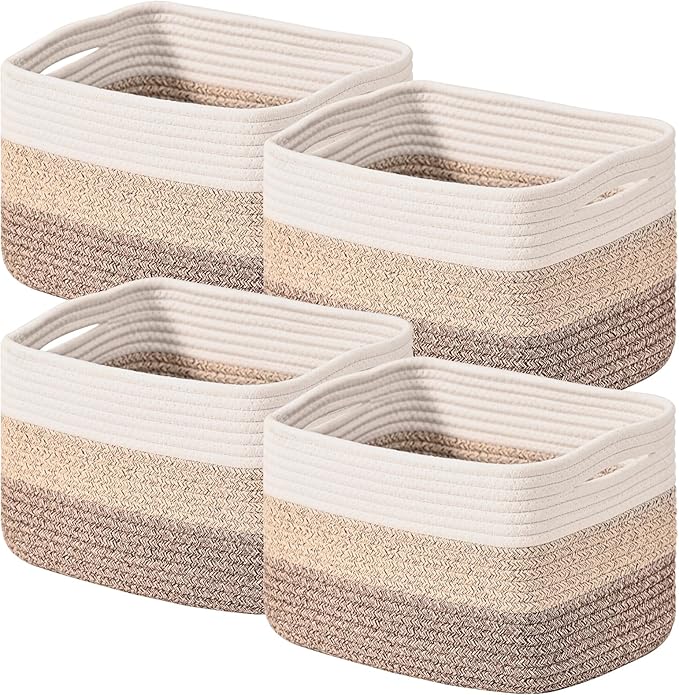 Shelf Baskets for Organizing, Storage Baskets for Shelves, Woven Baskets for Storage, Cotton Rope Baskets with Handles for Toy, Book, Clothes, 12.5"Lx9.1W"x7.9H", (4 Packs) Gradient Brown-Ruum Studio Home