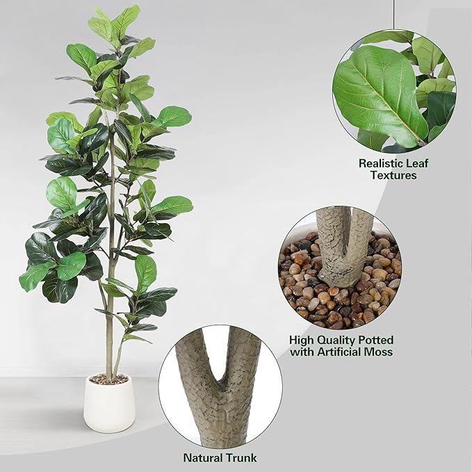 Artificial Fiddle Leaf Tree, 7ft Faux Plant Fake Ficus Lyrata Trees with White Planter, Artificial Fig Trees Floor Plants for House Office Living Room Indoor Home Decor, Housewarming Gift-Ruum Studio Home