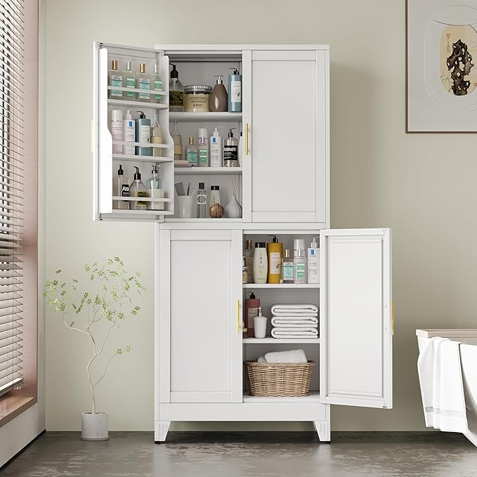 75" H Metal Storage Cabinet, Pantry with 6 Door Shelves and 4 Adjustable Shelves, Leveling Foot for Kitchen, Living Room and Dinning Room, White-Ruum Studio Home