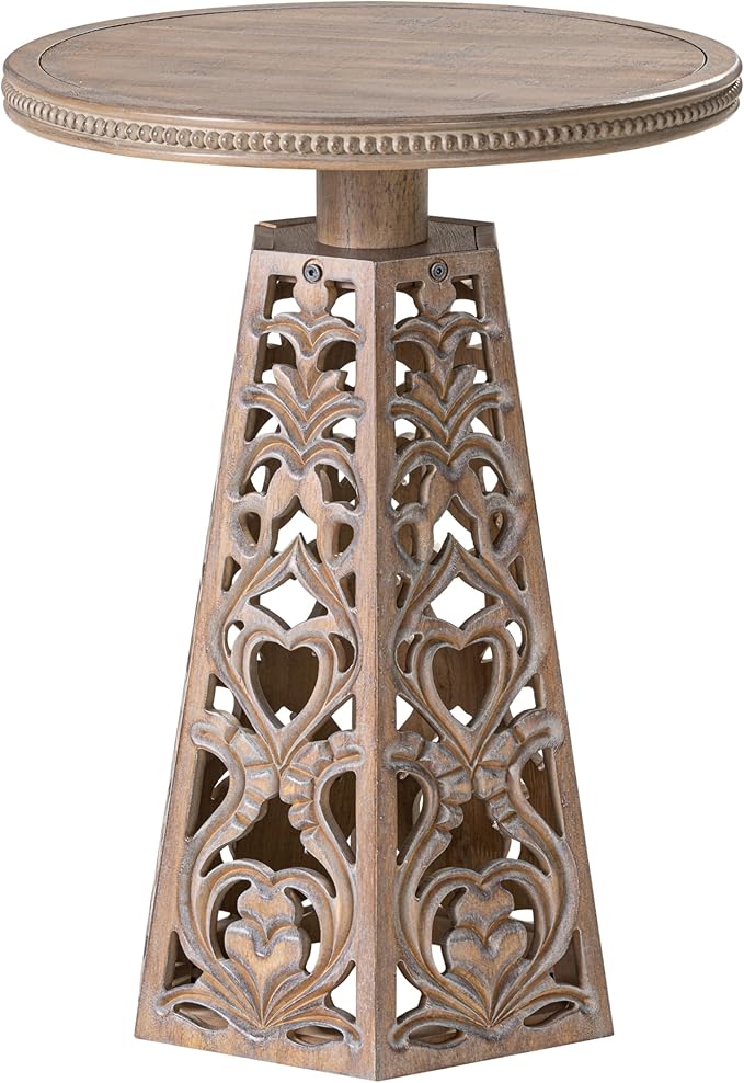 Rustic Farmhouse Wooden End Table, Distressed Round Accent Table with Intricate Carved Floral Patterns, Boho, for Living Room, Bedroom, or Entryway, Distressed Wood Color-Ruum Studio Home