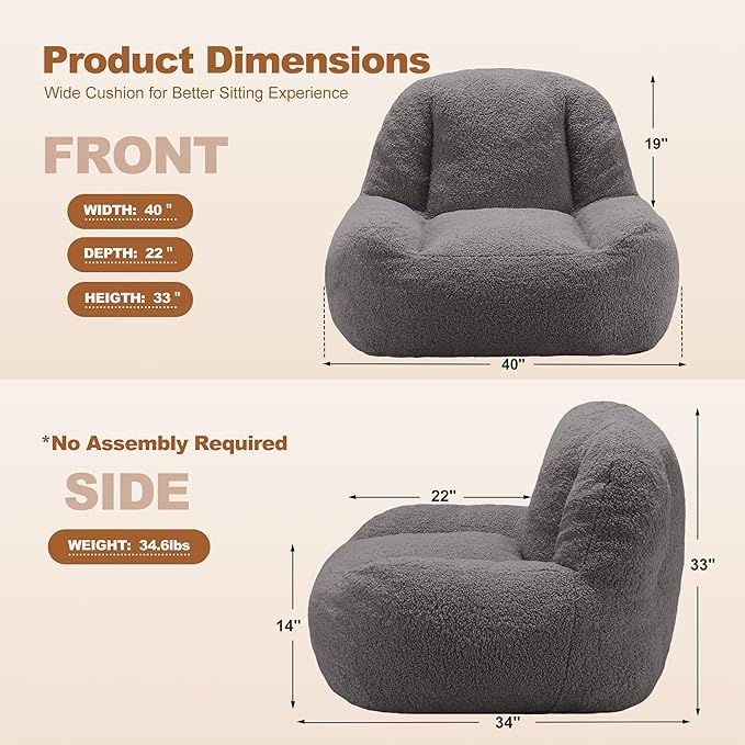 Homguava Bean Bag Chairs for Adults,Giant Beanbag Couch Adult Bean Bag Chair with Filler Included,Modern Lazy Sofa Comfy Chair for Living Room(Dark Grey)-Ruum Studio Home