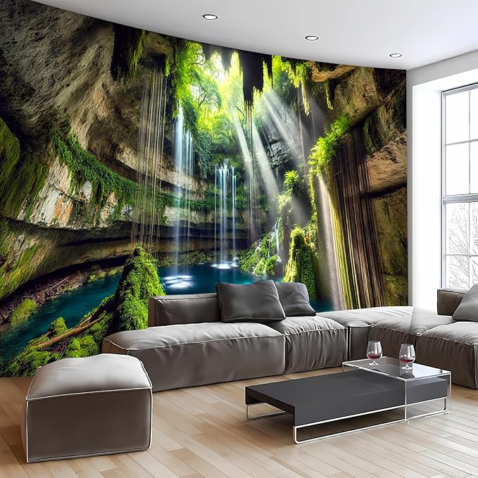 BSFHH Nature Tapestry Forest Tree Sea Cave Wall Hanging, Stream Through Rainforest Landscape Wall Art Tapestry for Bedroom Living room (Fall, 90"×70", Unframed)-Ruum Studio Home