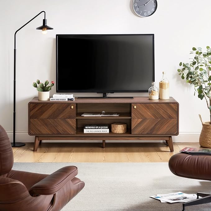 LuxenHome Mid Century Modern TV Stand, 63" TV Stands for Living Room for TVs up to 65", Entertainment Center with Storage, Wood TV Console with Tapered Legs, Television Stands-Ruum Studio Home