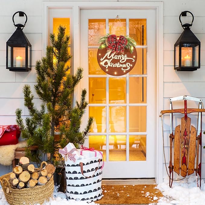 HOMCDALY Merry Christmas Sign for Front Door, Wooden Hanging Sign Door Decoration with 12 LED Light, Winter Welcome Wreath indoor outdoor Décor, Christmas Decoration.-Ruum Studio Home