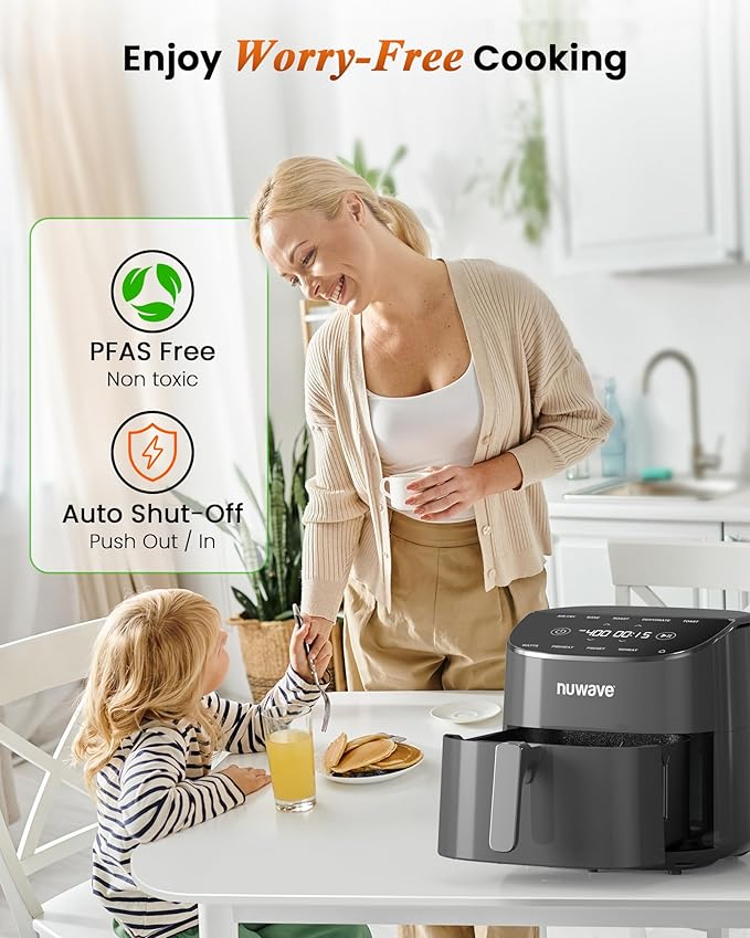 Nuwave Brio Plus Air Fryer 8 Qt, New & Improved, PFAS-FREE, 7 Digital One-Touch Cook Functions that AIR FRY, BAKE, ROAST, DEHYDRATE, TOAST, REHEAT, PREHEAT, 150 Presets, 50°F~400°F (Cool Gray)-Ruum Studio Home