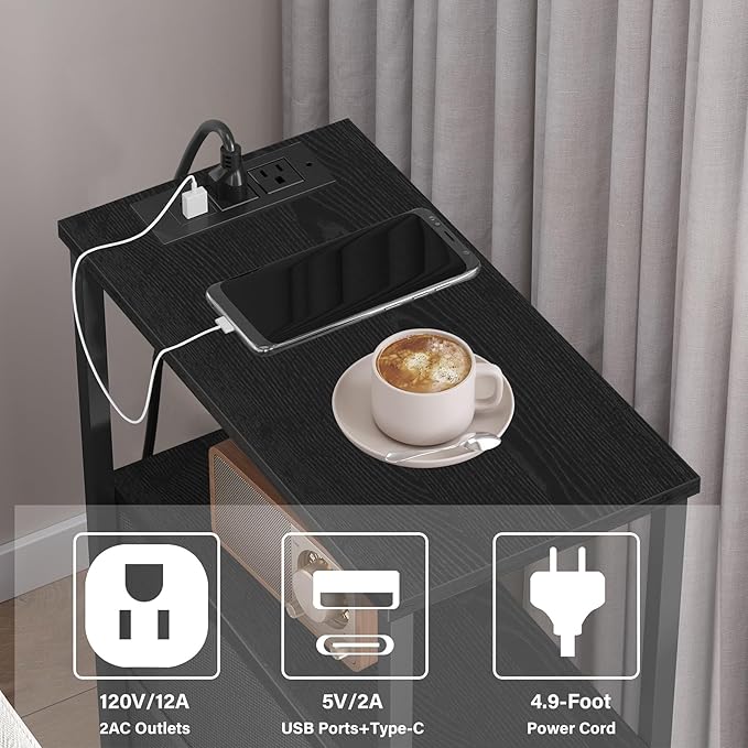 TUTOTAK Narrow LED Night Stand with Charging Station, Slim End Table with Plugins, Tall Side Table with 3 Fabric Drawer, Small Bedside Table with Storage, for Living Room, Black TB01BK086L-Ruum Studio Home