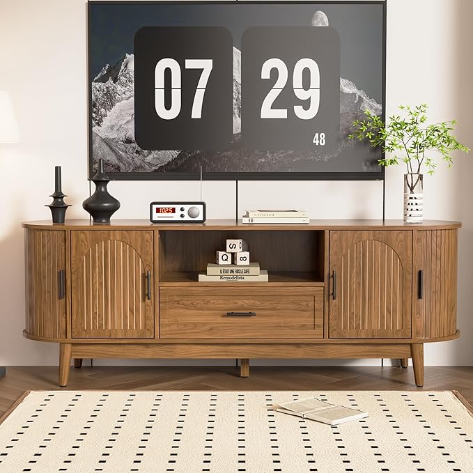 63" Fluted TV Stand for Tvs up to 70", Mid-Century Modern Entertainment Center with Drawers and Fluted Doors, Curved TV Media Console Table with Sliding Doors for Living Room, Bedroom (63")-Ruum Studio Home