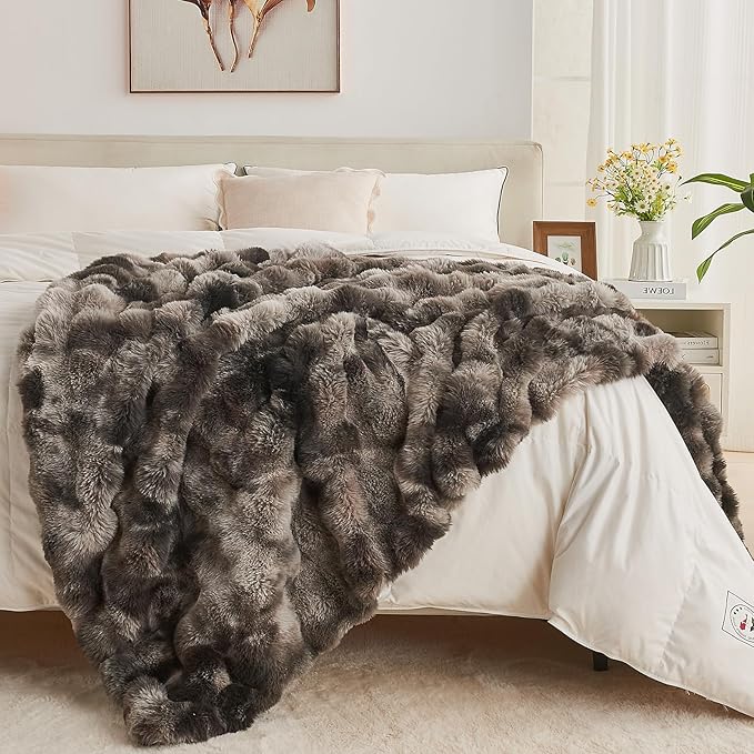 Lotus Karen Faux Fur Blanket Tie-Dye Dark Gray Twin Size - Big Bubble Rabbit Fluff Throw for Couch Small Fluffy Fuzzy Cozy Thick Furry Plush Shaggy Blankets 60x80 Inches-Ruum Studio Home