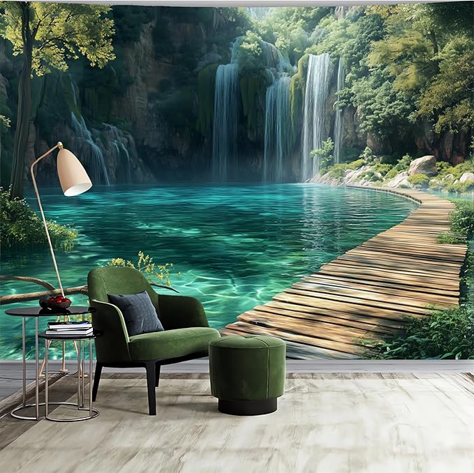 BSFHH Nature Tapestry Forest Tree Sea Cave Wall Hanging, Stream Through Rainforest Landscape Wall Art Tapestry for Bedroom Living room (Waterfall, 110" × 87", Unframed)-Ruum Studio Home