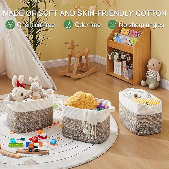 OIAHOMY Storage Basket, Woven Baskets for Storage, Cotton Rope Basket for toys,Towel Baskets for Bathroom - Pack of 3, Gradient Dark Brown-Ruum Studio Home