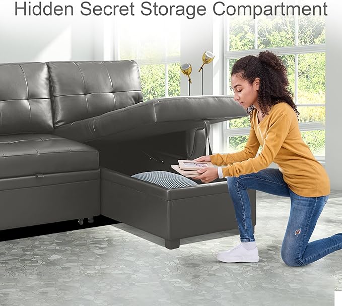 Naomi Home Modern Sectional Sofa with Storage Chaise Gray/Air Leather-Ruum Studio Home