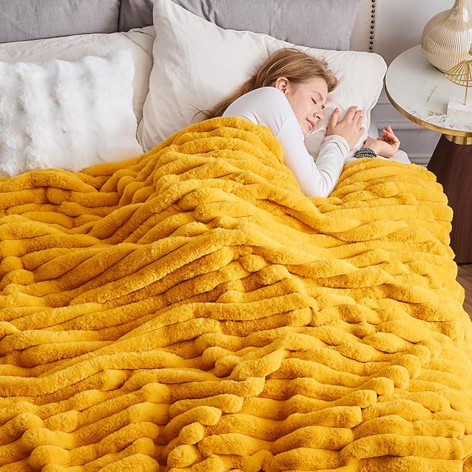 NEWCOSPLAY Faux Fur Throw Blanket Mustard Yellow 3D Ribbed Plush Thick Warm Blanket for Couch Sofa Bed 850GSM (Mustard Yellow Ribbed, Throw(50"x60"))-Ruum Studio Home
