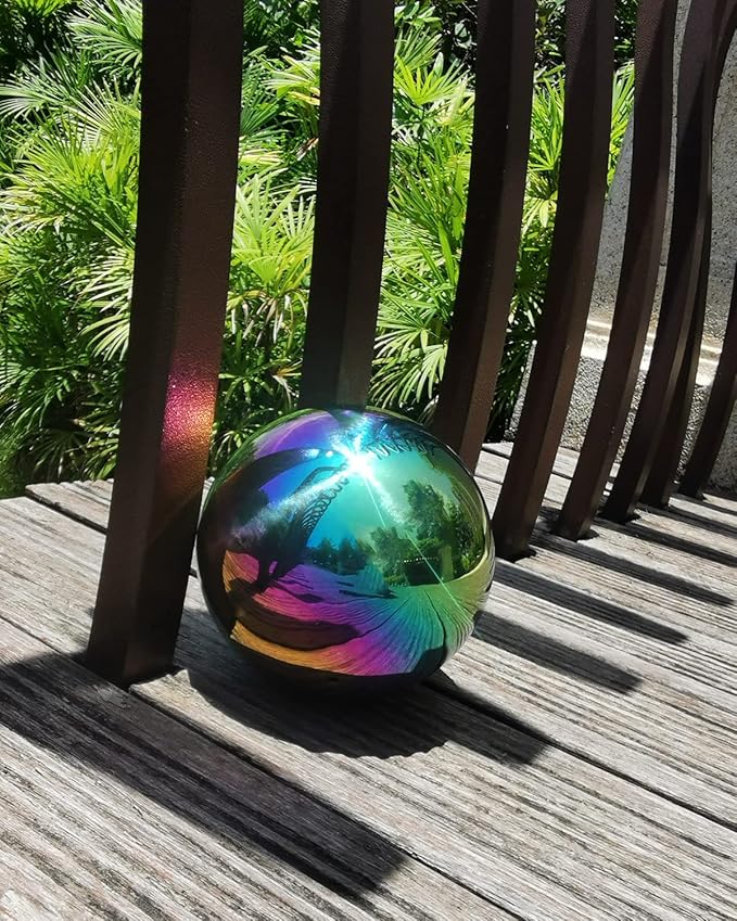 Rainbow Gazing Globe Mirror Ball in Stainless Steel, Shiny Hollow Sphere Sparkling Housewarming Outdoor Ornament (6 Inch)-Ruum Studio Home