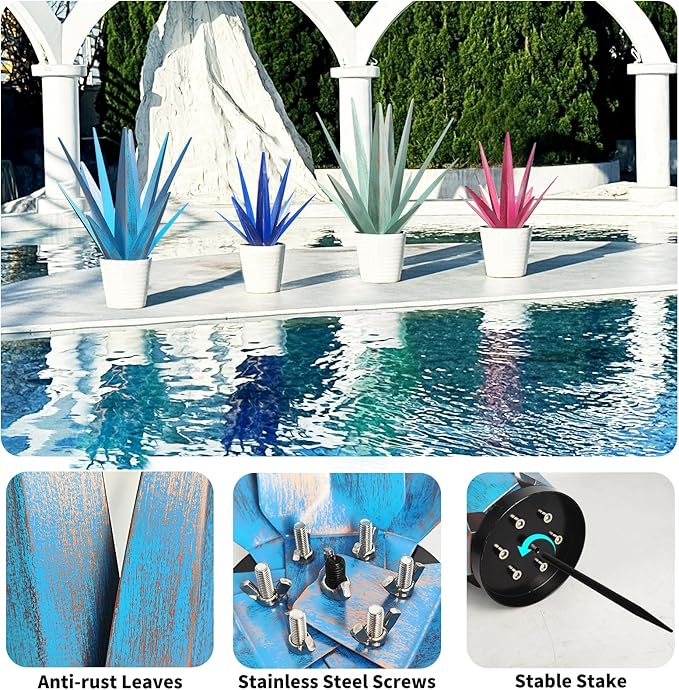 Large Tequila Rustic Sculpture, Rustic Metal Agave Plants for Outdoor Patio Yard, Home Decor Hand Painted Metal Agave Garden Yard Statue, Outdoor Lawn Ornaments (Dark Blue - L (W/Solar Light))-Ruum Studio Home