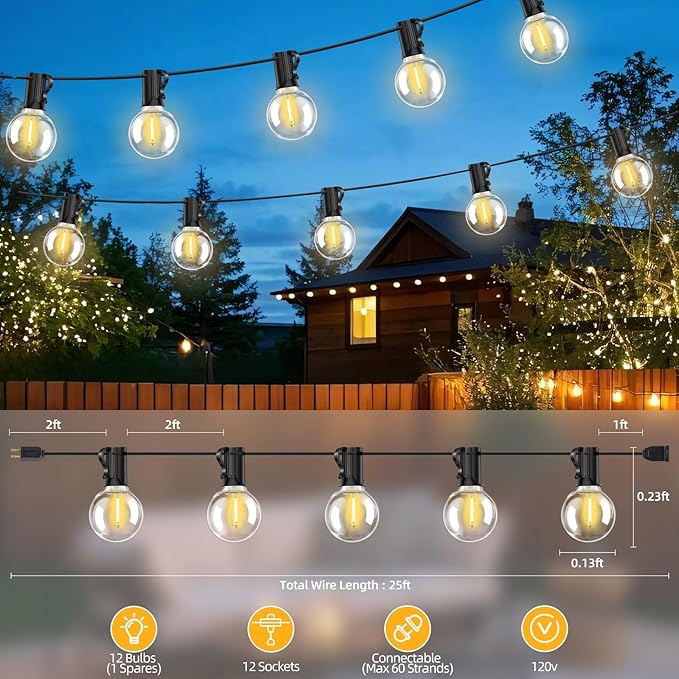 25FT G40 LED Outdoor String Lights with 12+1 Bulbs, E12 Socket, 2700K Warm White, Commercial Grade Weatherproof & Connectable for Garden, Patio, Backyard, Bistro, Porch, Deck, Gazebo, Camping, Party-Ruum Studio Home
