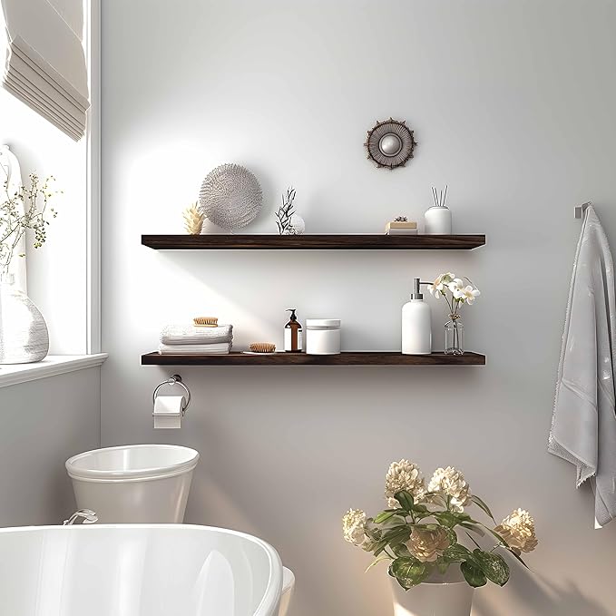 Wood Floating Shelves for Wall Decor, Rustic Wall Shelves for Bedroom Bathroom Kitchen Living Room, Set of 4 Walnut 36 Inch-Ruum Studio Home