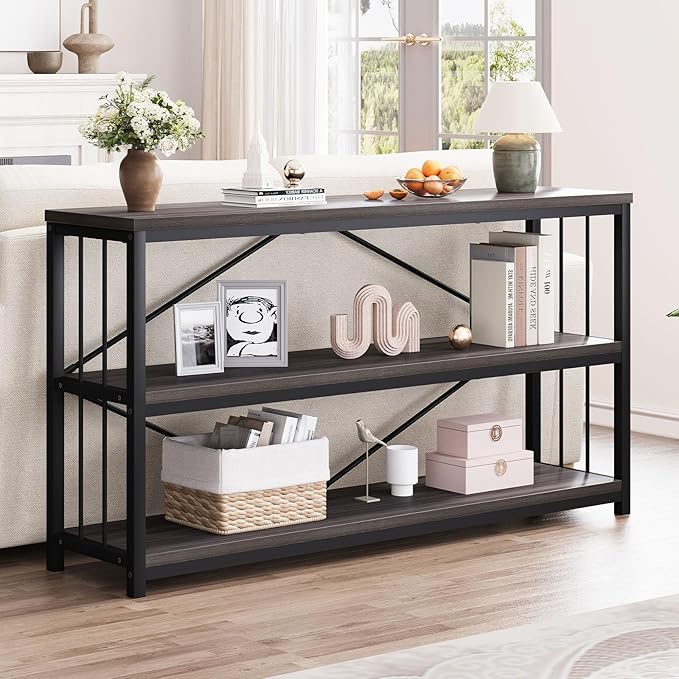 LVB Industrial Console Table, Metal and Wood Sofa Table, Rustic Entryway Table with Storage, Modern 3 Tier Shelf Long Foyer Tables Behind Couch for Home Living Room Hallway, Dark Gray Oak, 55 Inch-Ruum Studio Home