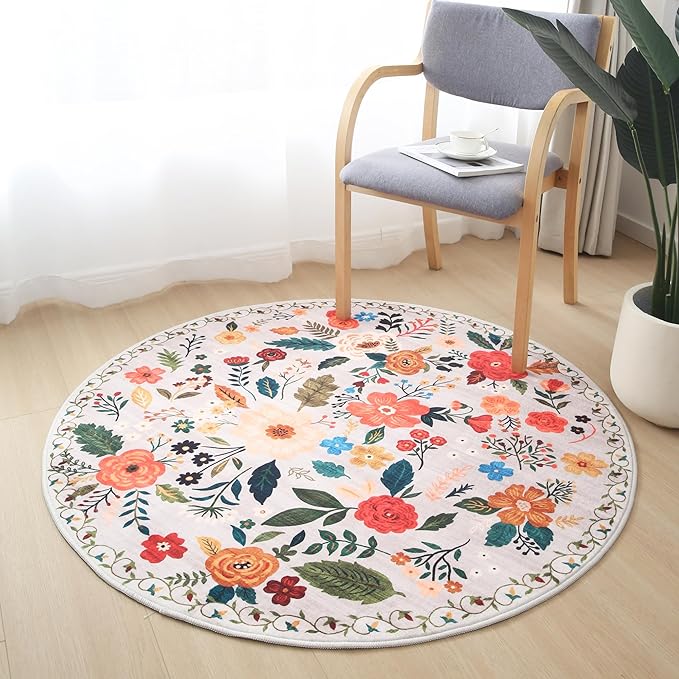 Round Rug 4ft Washable Circle Rug Non Slip Low Pile Boho Floral Small Circular Rug for Bedroom, Bathroom, Entryway, Kids Room, Office, College Dorm(Beige)-Ruum Studio Home