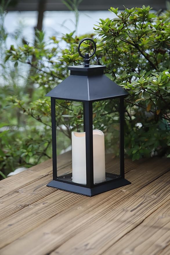 YAKii Hanging Glass Panes Lantern Portable Led Lantern Decorative Operated by 3AAA Battery Use for Garden Yard, Indoor Decoration Candle (Black)-Ruum Studio Home