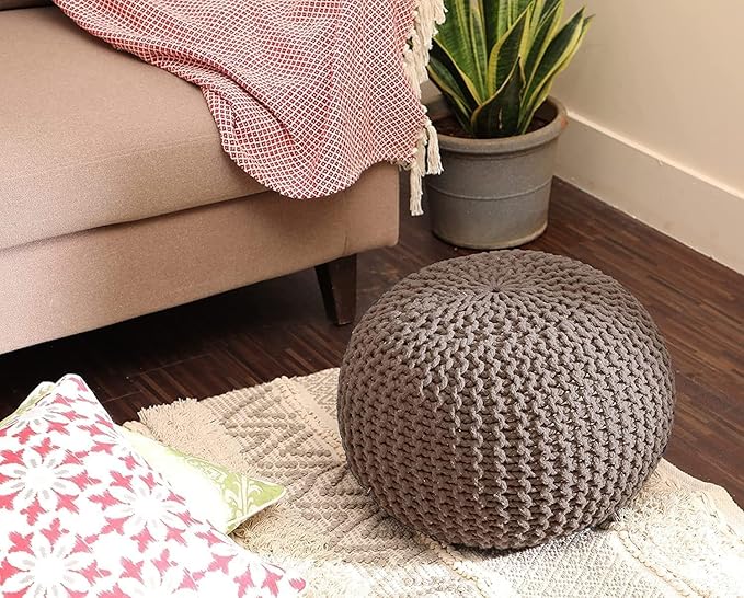 REDEARTH Round Pouf Foot Stool Bean Bag Ottoman - Hand Knitted Boho Pouffe - Home Decor Poof - Stuffed Foot Rest for Living Room - Nursery - Bedroom - Patio (19.5"x19.5"x14") - Taupe-Ruum Studio Home