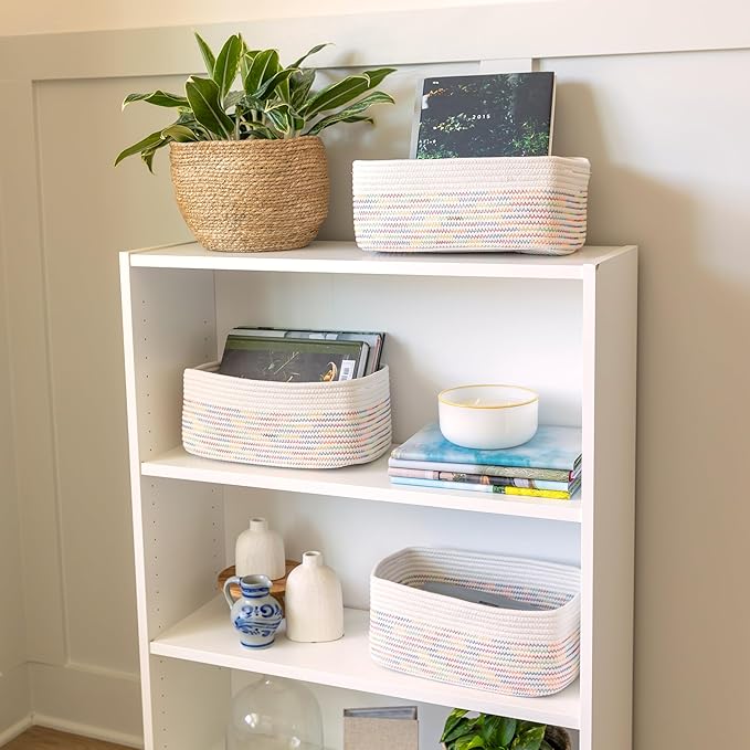 NaturalCozy 13.5”x8.5”x5.5” Rectangle Storage Baskets for Shelves 3 Pack | Cotton Rope Woven Small Baskets for Organizing | Small Storage Bins for Nursery, Bathroom, Closet, Shelf, Decorative-Ruum Studio Home