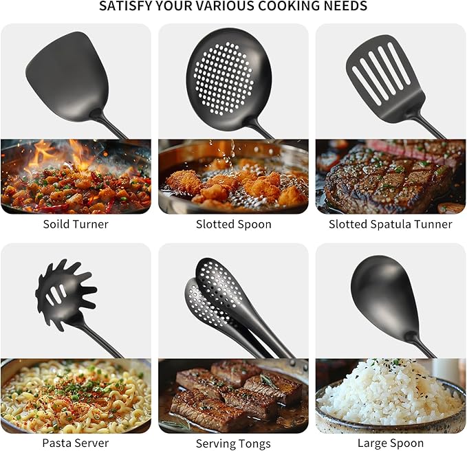 304 Stainlss Steel Matte Kitchen Utensils Set, 11 Pcs Long Metal Cooking Utensil Gadgets Tools Set with Spatula, Ladle, Spoon, Ladle, Skimmer, Tunner, Pasta Server, Tongs(Black, Dishwasher Safe)-Ruum Studio Home