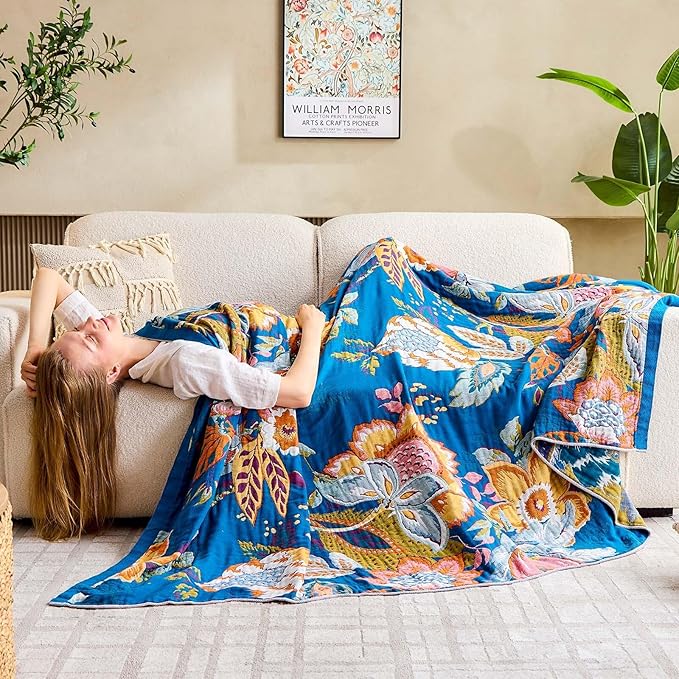 Boho Throw Blanket, Blue Lightweight Blankets for Summer, 100% Cotton Bohemian Decorative Throw Blanket, 60"x80" Reversible Muslin Breathable Woven Farmhouse Blankets Quilt,-Ruum Studio Home
