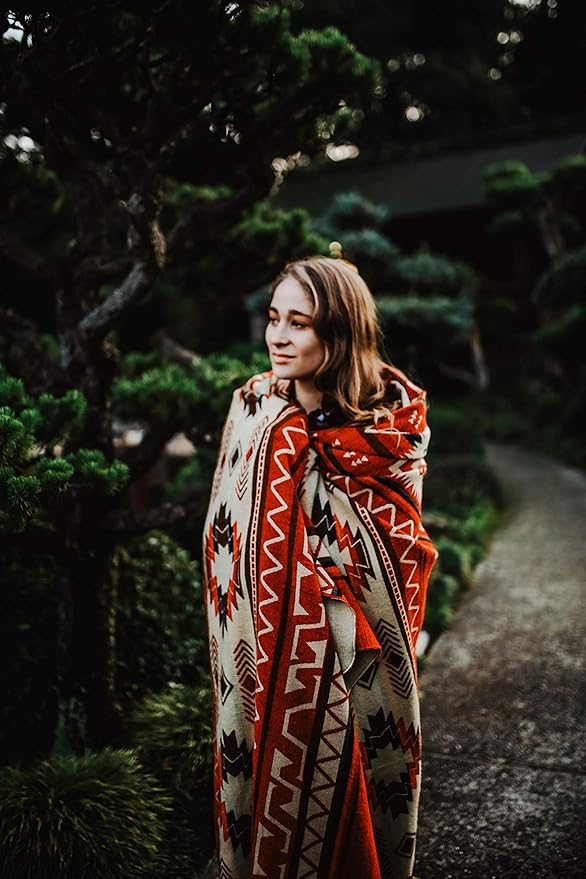 Inca Aztec Throw, Queen, King Blanket | Southwest Indian Navajo Boho Style | Native Cover for Camping, Bedding, Couch, Vanlife | Faux Alpaca, Lightweight, Hypoallergenic (Inti Red, Queen)-Ruum Studio Home