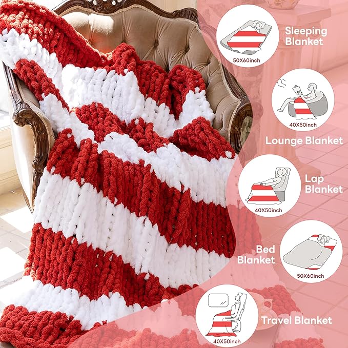Chunky Knit Blanket - Luxury Soft Cozy 50 * 60 Throw Blanket,100% Woven Blanket Rope Knot Throw Blanket for Couch, Sofa, Home Decor, Gift - Machine Washable（White/Wine red）-Ruum Studio Home
