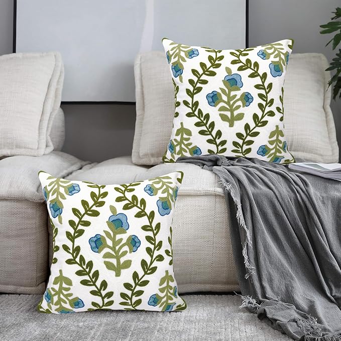 Alysheer Floral Embroidered Summer Decorative Throw Pillow Covers 18"x 18" Set of 2, Farmhouse Blue Flowers Green Vines Patterned Cotton Cushion Cases for Couch Bed Living Room Cottage Decor-Ruum Studio Home
