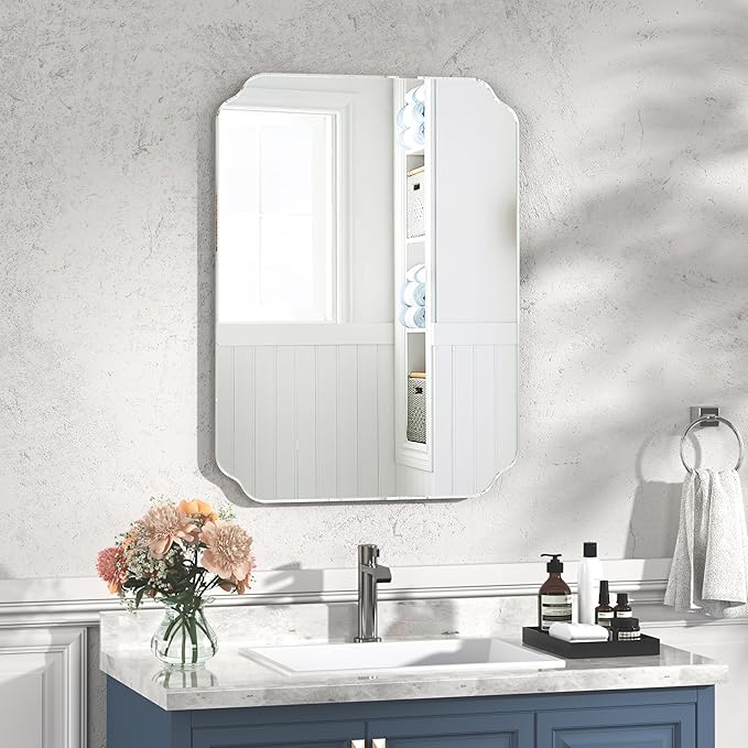 Bathroom Mirrors for Over Sink, Frameless Mirrors for Wall, 24x32 Inch Beveled Bathroom Mirror, Bathroom Vanity Mirror for Bedroom Living Room Entryway Home Decor-Ruum Studio Home
