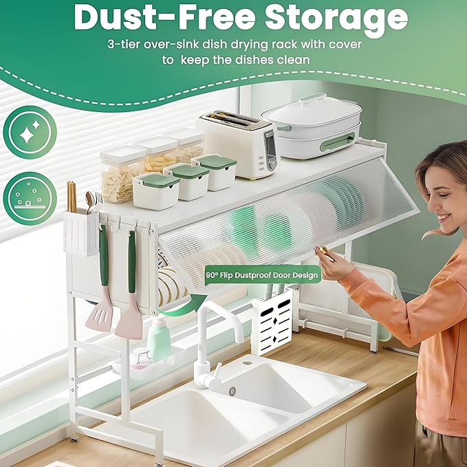 Dish Drying Rack, 3-Tier Over Sink Dish Drying Rack, 33.5" Sink Dish Rack for Small Kitchen, Space-Saving Sink Dish Rack with Cover, Baskets, Utensil, Large Kitchen Storage Organizer White-Ruum Studio Home