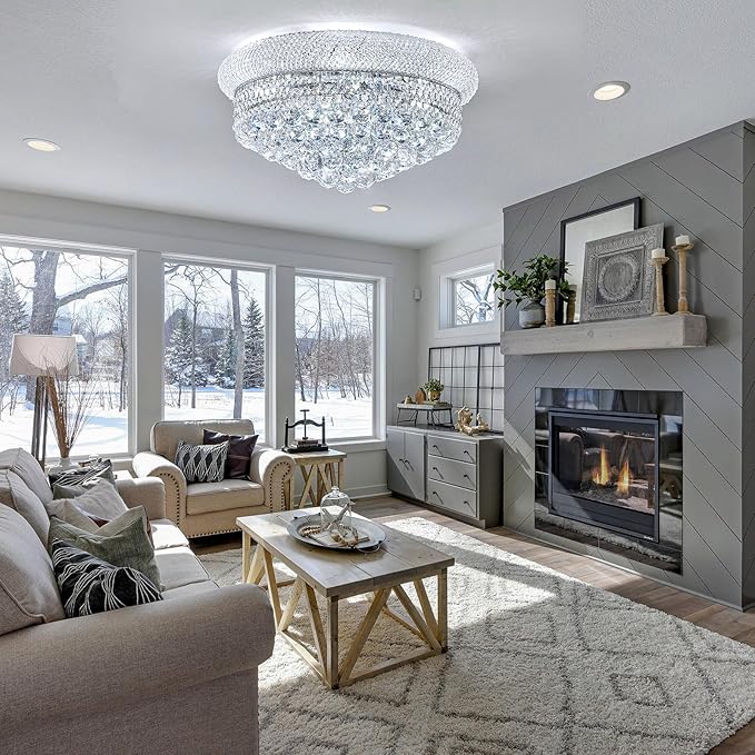 9-Light Crystal Flush Mount Chandelier Ceiling Light Fixture for Living Room Dining Room Bedroom Foyer Entryway Hallway Closet Bathroom (Chrome D22)-Ruum Studio Home