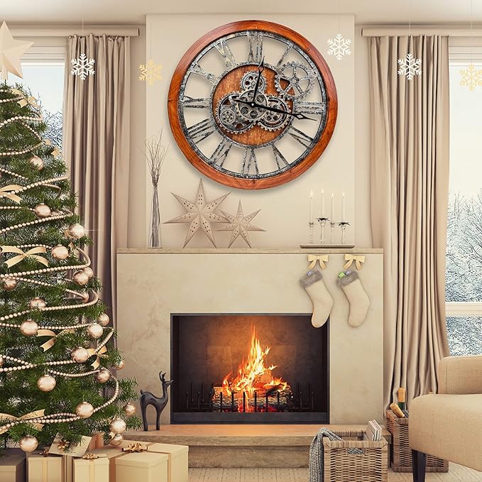 The B-Style Large Wall Clock 24 inch Moving Gear Wall Clock Oversized Vintage Farmhouse Wall Clocks for Living Room Decor Rustic Industrial Wood Clock (Brown and Bronze)-Ruum Studio Home