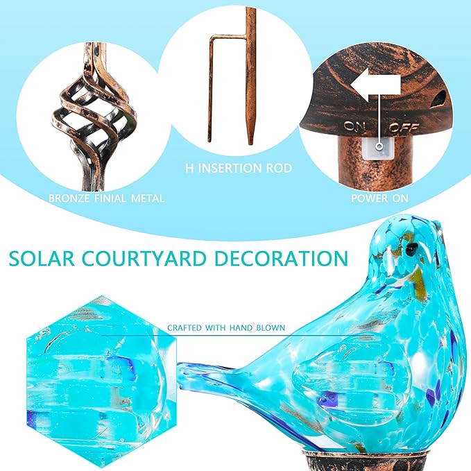 Decorative Solar Lights, Outdoor Solar Bird Stake Lights, Hand Blown Glass Decorative Garden Pathway Lights Outdoor Waterproof Glass Stakes (Light Blue)-Ruum Studio Home