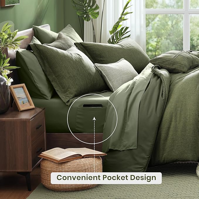 Monbix Queen Comforter Set - 7 Pieces Cationic Dyeing Olive Green Bed in a Bag Queen Bedding Sets with Comforter, Sheets, Pillowcases & Shams, Reversible Bedding Comforters Sets-Ruum Studio Home