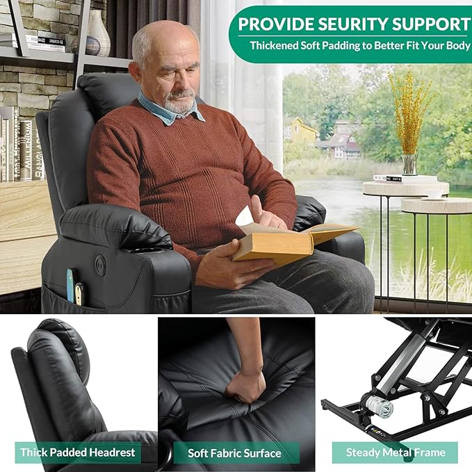 VIVIJASON Power Lift Chair Electric Recliner for Elderly Heated Vibration Massage Faux Leather Recliner Chair with 2 Remote Controls, Cup Holders, Side Pockets & USB Ports for Living Room (Black)-Ruum Studio Home